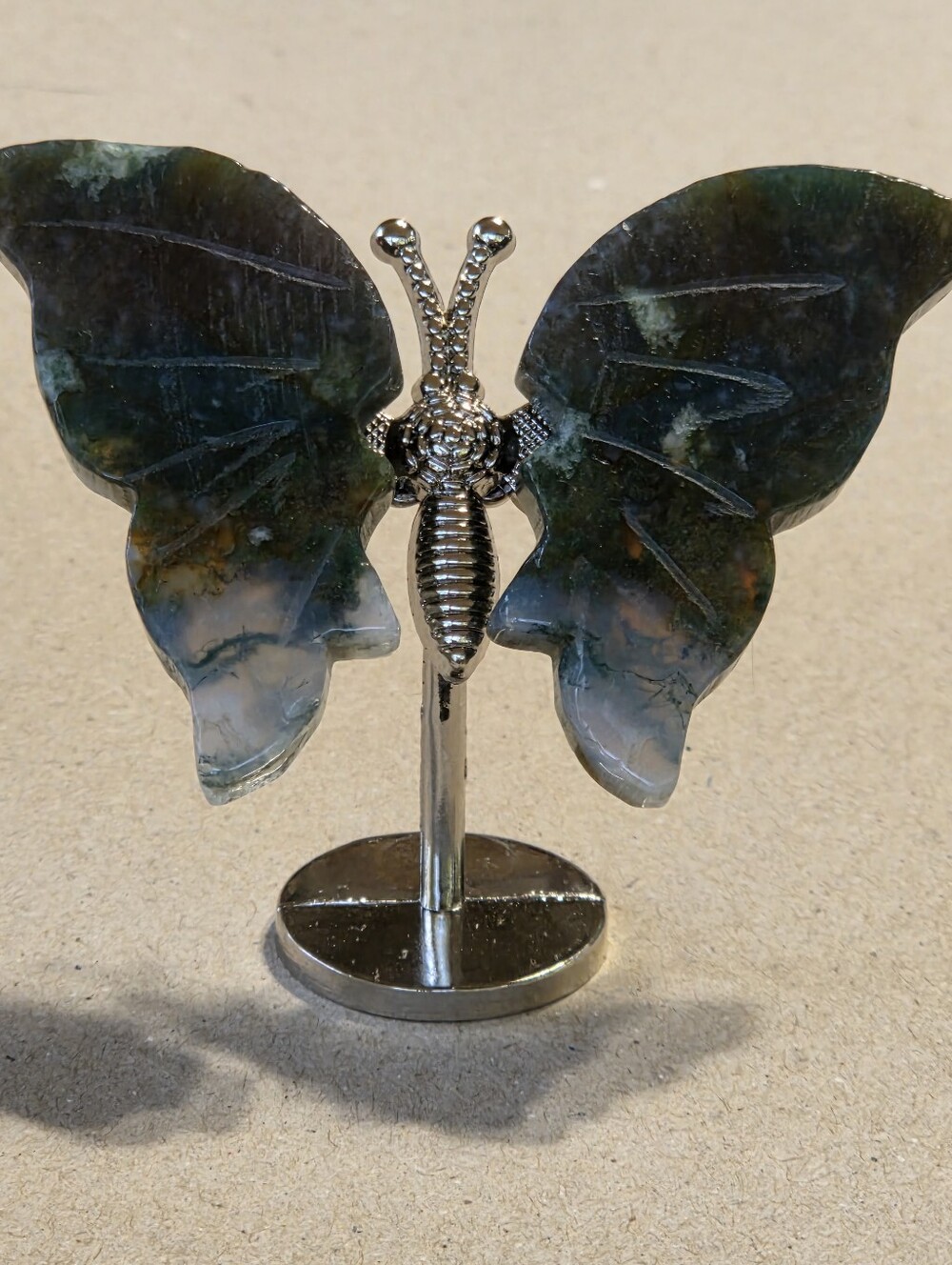 Moss Agate Crystal Butterfly Wings On Metal Body Stand Decor